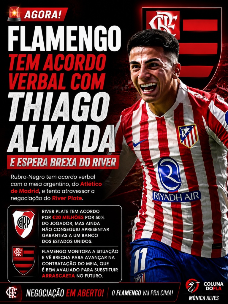 Thiago Almada comemorando um gol pelo Atlético de Madrid em imagem que ilustra a notícia sobre o acordo verbal do Flamengo com o meia argentino e a disputa com o River Plate pela contratação.