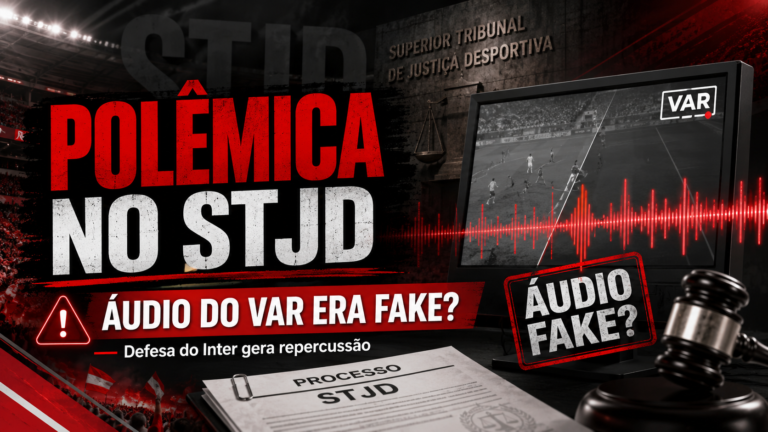 Arte sobre a polêmica no STJD envolvendo um suposto áudio falso do VAR apresentado pela defesa do Internacional no julgamento de Victor Gabriel.
