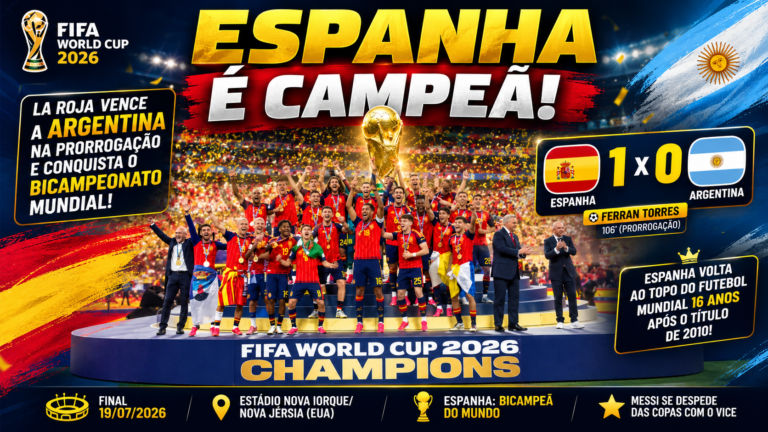 Seleção da Espanha comemora o título da Copa do Mundo FIFA 2026 após vencer a Argentina por 1 a 0 na prorrogação, levantando o troféu em East Rutherford.