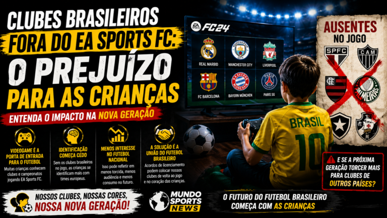 Criança jogando EA Sports FC enquanto clubes brasileiros aparecem ausentes do jogo, ilustrando o impacto da falta de licenciamento no interesse das novas gerações pelo futebol nacional.
