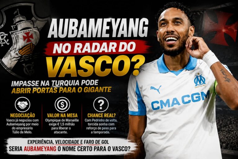 Pierre-Emerick Aubameyang em destaque com a pergunta sobre uma possível transferência para o Vasco após impasse nas negociações com clube turco.