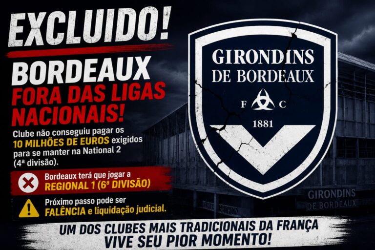 Escudo do Girondins de Bordeaux em destaque após o clube ser excluído das ligas nacionais francesas por problemas financeiros.