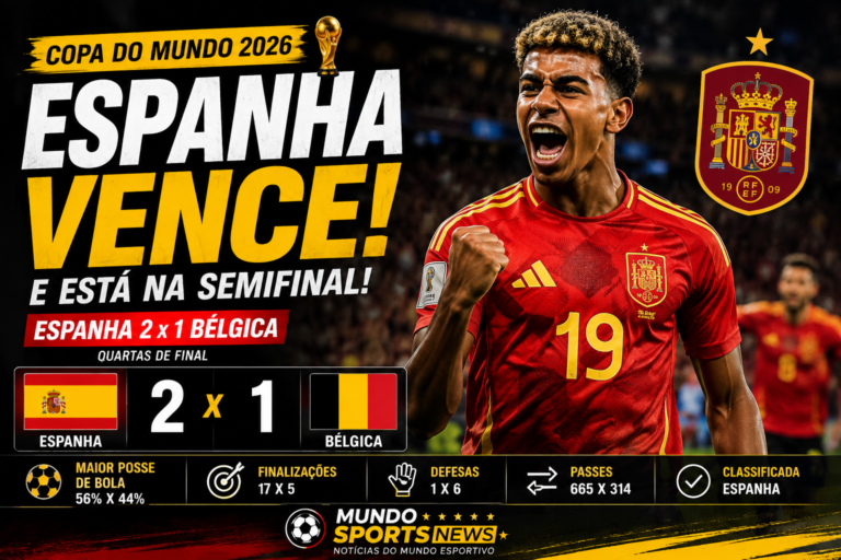Espanha comemora vitória por 2 a 1 sobre a Bélgica e garante vaga na semifinal da Copa do Mundo 2026.