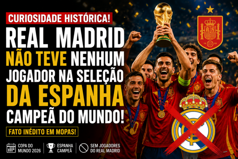 ogadores da seleção da Espanha comemoram o título da Copa do Mundo de 2026, enquanto a imagem destaca que o Real Madrid não teve nenhum representante no elenco campeão.