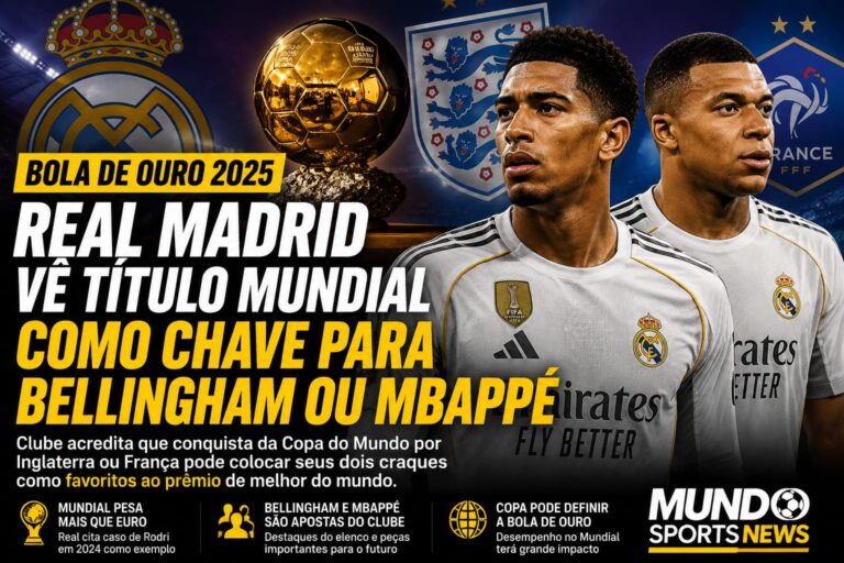 Montagem com Jude Bellingham e Kylian Mbappé destacando a expectativa do Real Madrid de que um título da Copa do Mundo fortaleça a candidatura de seus jogadores à Bola de Ouro.
