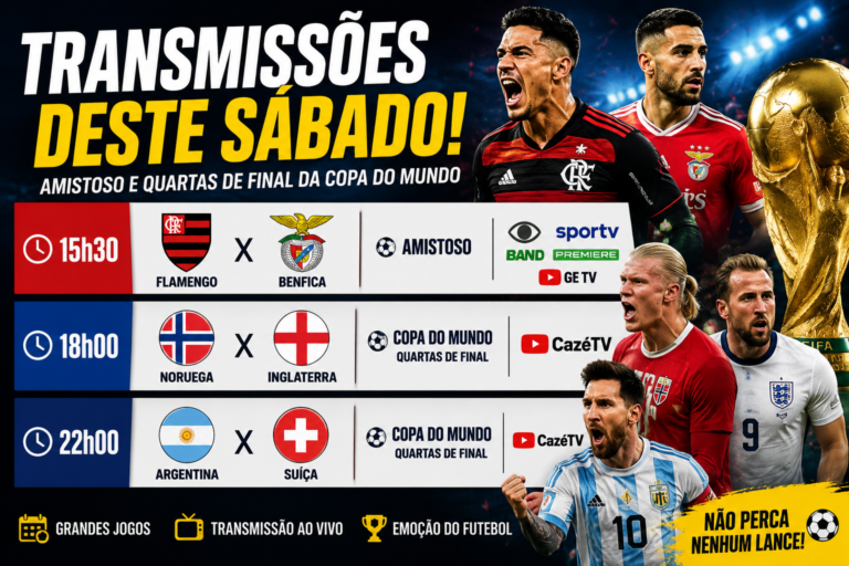 Transmissões de futebol deste sábado com Flamengo x Benfica, Noruega x Inglaterra e Argentina x Suíça.
