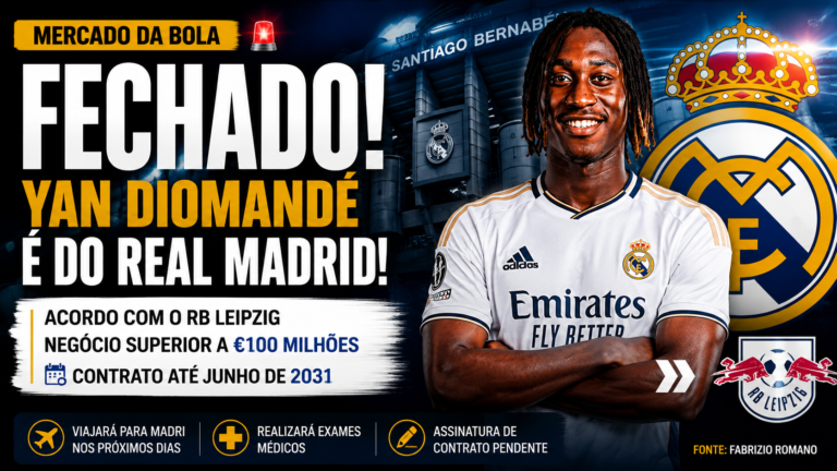 Yan Diomandé posa com a camisa do Real Madrid em montagem que anuncia sua transferência do RB Leipzig para o clube espanhol.