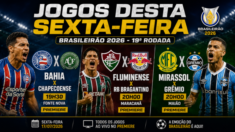 Capa ilustrativa dos jogos desta sexta-feira pelo Campeonato Brasileiro 2026, destacando Bahia x Chapecoense, Fluminense x RB Bragantino e Mirassol x Grêmio.