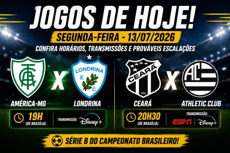 Arte destacando os jogos desta segunda-feira, 13 de julho de 2026, pela Série B do Campeonato Brasileiro: América-MG x Londrina e Ceará x Athletic Club, com horários e transmissões.