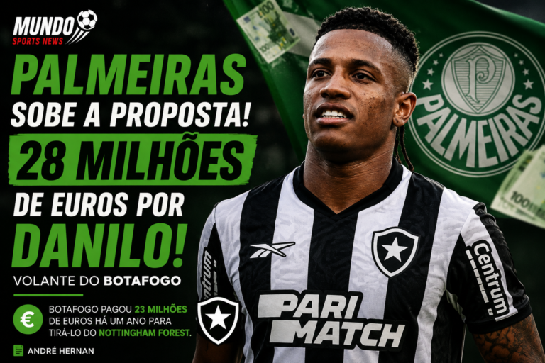 Arte do Mundo Sports News destaca Danilo, volante do Botafogo, após o Palmeiras aumentar a proposta para 28 milhões de euros pela contratação do jogador.
