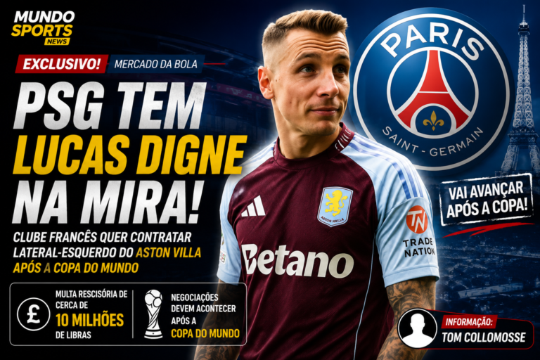 Arte destacando o lateral-esquerdo Lucas Digne com a camisa do Aston Villa ao lado do escudo do PSG, informando o interesse do clube francês na contratação do jogador após a Copa do Mundo.