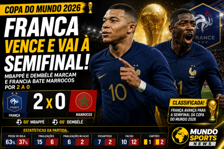 Kylian Mbappé e Ousmane Dembélé comemoram a vitória da França por 2 a 0 sobre o Marrocos nas quartas de final da Copa do Mundo de 2026.