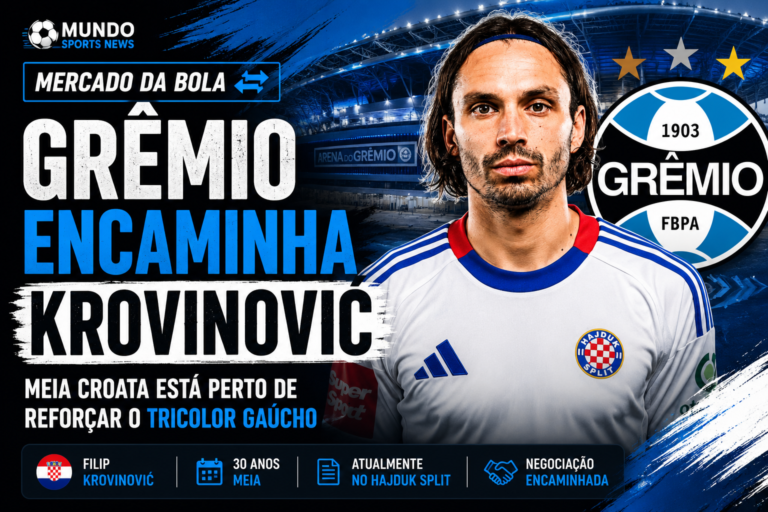 Filip Krovinović aparece com a camisa do Hajduk Split ao lado do escudo do Grêmio em montagem que destaca a negociação encaminhada entre o clube gaúcho e o meia croata.