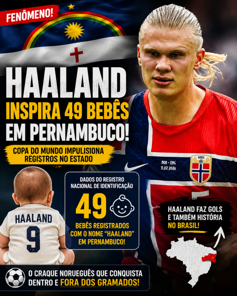 Arte ilustrativa mostra Erling Haaland em destaque com referência ao registro de 49 bebês chamados Haaland em Pernambuco após a Copa do Mundo de 2026.