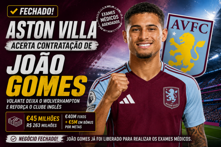 João Gomes aparece em montagem com a camisa do Aston Villa após acordo de transferência junto ao Wolverhampton por 45 milhões de euros.