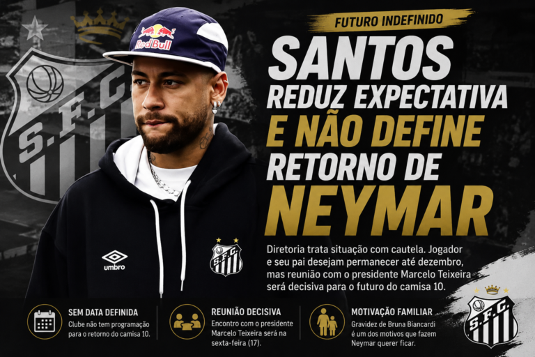 Neymar chega ao CT do Santos antes de treinamento enquanto diretoria trata com cautela a definição sobre sua permanência no clube.