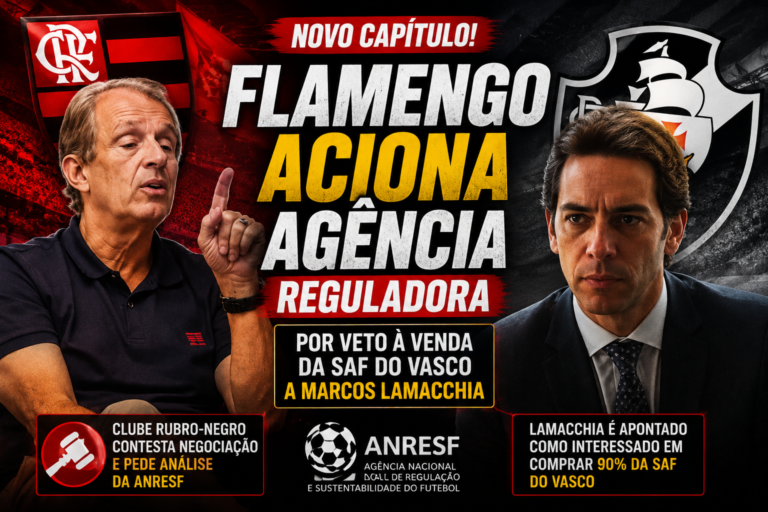 Presidente do Flamengo e empresário Marcos Lamacchia aparecem em arte sobre o pedido do clube carioca para análise da venda da SAF do Vasco.