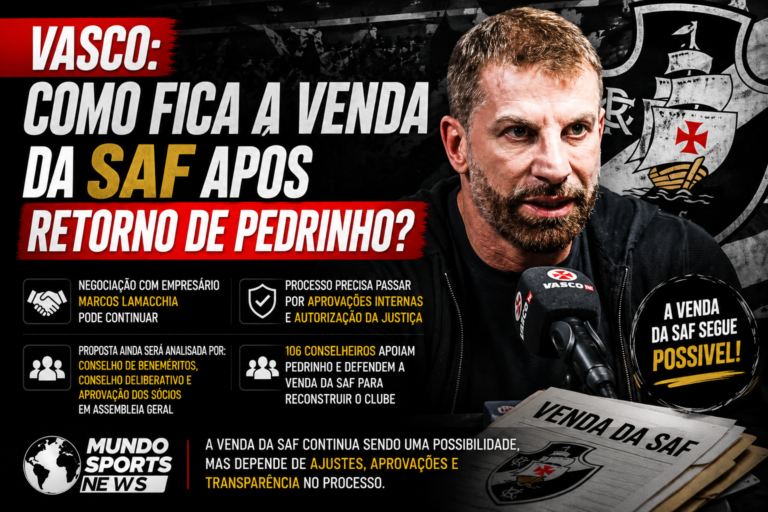 Pedrinho durante entrevista coletiva sobre o futuro da Vasco SAF e a possível venda após seu retorno ao comando do clube.