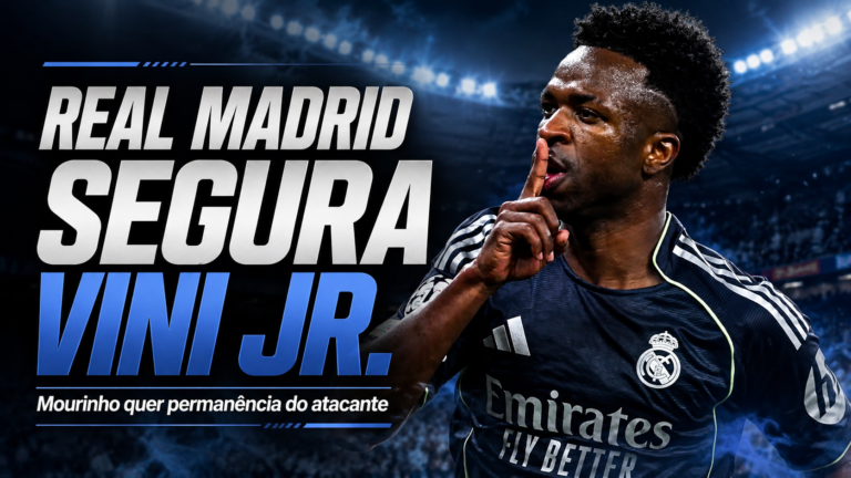 Vinícius Júnior comemora com a camisa do Real Madrid em arte sobre a decisão do clube de mantê-lo no elenco.