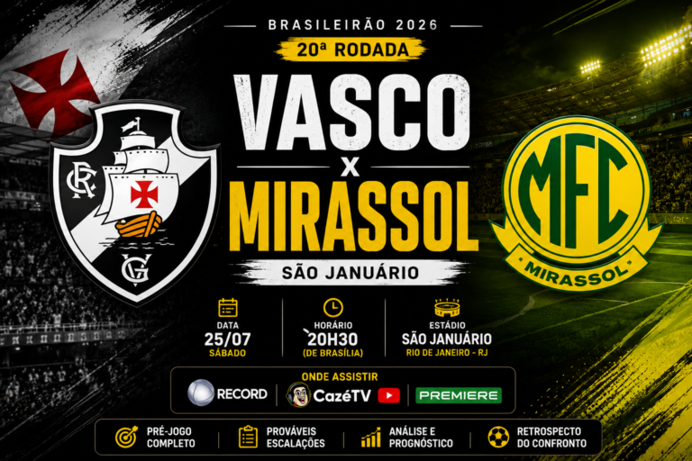 Arte de pré-jogo da partida entre Vasco e Mirassol pela 20ª rodada do Campeonato Brasileiro 2026, com os escudos dos clubes, destaque para São Januário, data, horário e informações de transmissão.