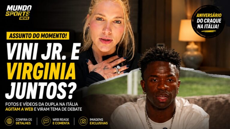 Montagem com Vinícius Júnior e Virginia Fonseca em destaque durante repercussão de fotos do aniversário do atacante na Itália.