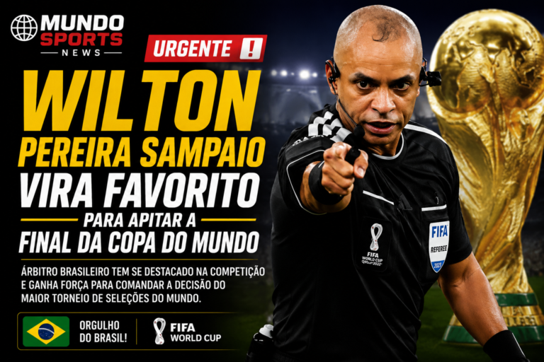 Wilton Pereira Sampaio durante partida da Copa do Mundo; árbitro brasileiro aparece como favorito para apitar a final do Mundial.
