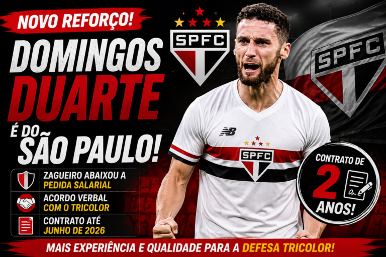 Domingos Duarte comemora durante uma partida e aparece em montagem destacando sua chegada ao São Paulo. A arte traz o escudo do Tricolor e destaca o acordo verbal e o contrato de dois anos com o clube.