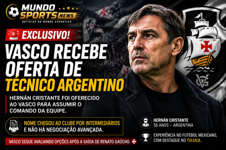 Arte do Mundo Sports News mostrando o técnico argentino Hernán Cristante após ser oferecido ao Vasco da Gama para assumir o comando da equipe.