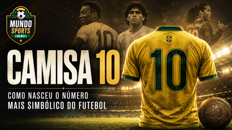 Capa esportiva sobre a camisa 10 no futebol, com uniforme amarelo de número 10 em destaque, estádio ao fundo e lendas do futebol ao redor.