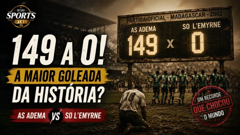 Arte ilustrativa sobre o histórico jogo AS Adema 149 a 0 SO l’Emyrne, considerado um dos placares mais absurdos do futebol.