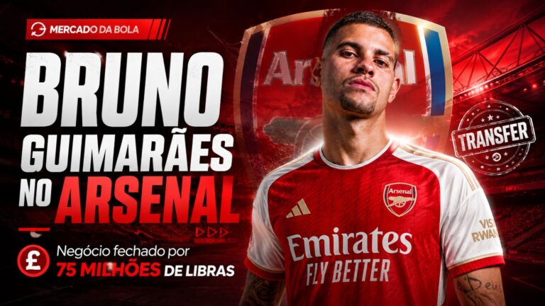 Montagem de Bruno Guimarães vestindo a camisa do Arsenal para ilustrar o acordo de transferência com o Newcastle.