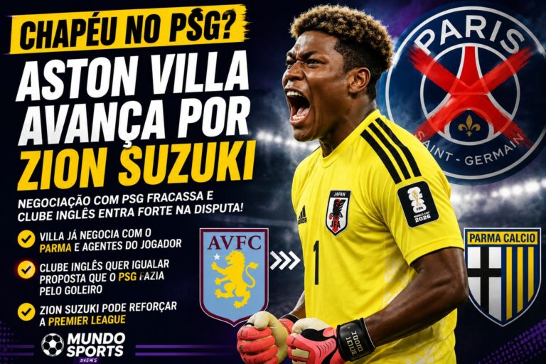 Goleiro Zion Suzuki em ação pela seleção japonesa em meio às negociações entre Aston Villa, Parma e PSG.
