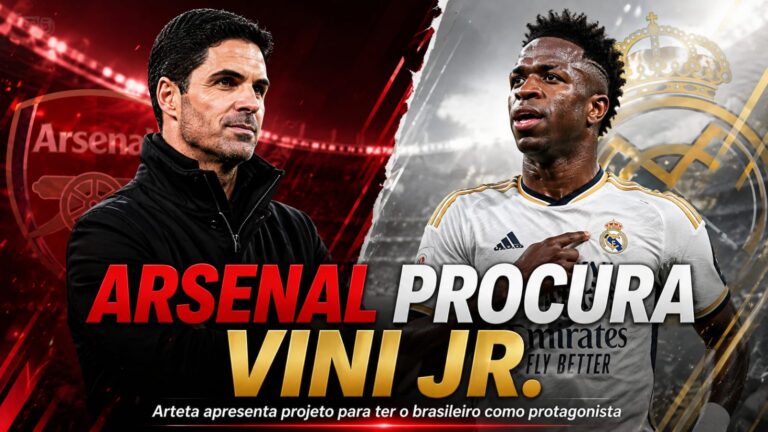 Arte de capa sobre o interesse do Arsenal em Vinícius Júnior, com destaque para o projeto do clube inglês e a indefinição sobre o futuro do atacante.