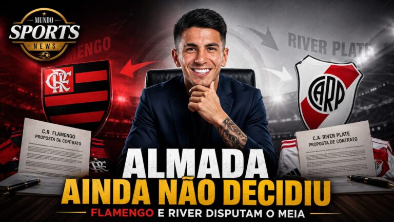 Montagem sobre a disputa entre Flamengo e River Plate pela contratação do meia argentino Thiago Almada.