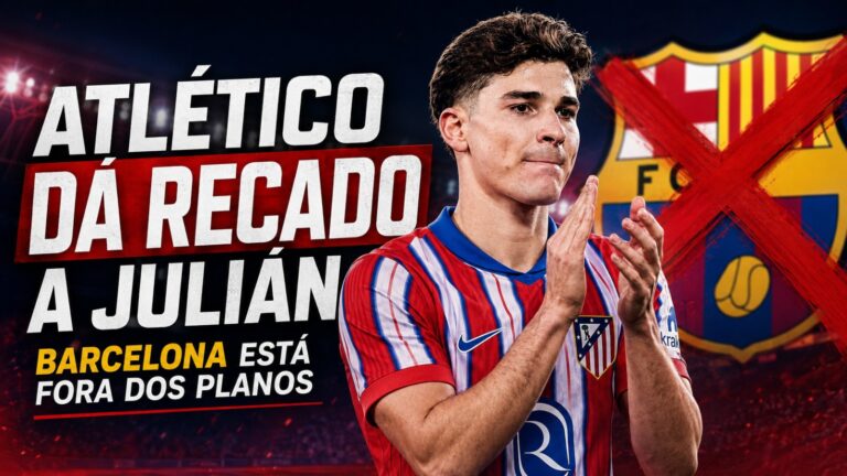 Julián Álvarez com a camisa do Atlético de Madrid em montagem sobre a tentativa do Barcelona de contratar o atacante argentino.