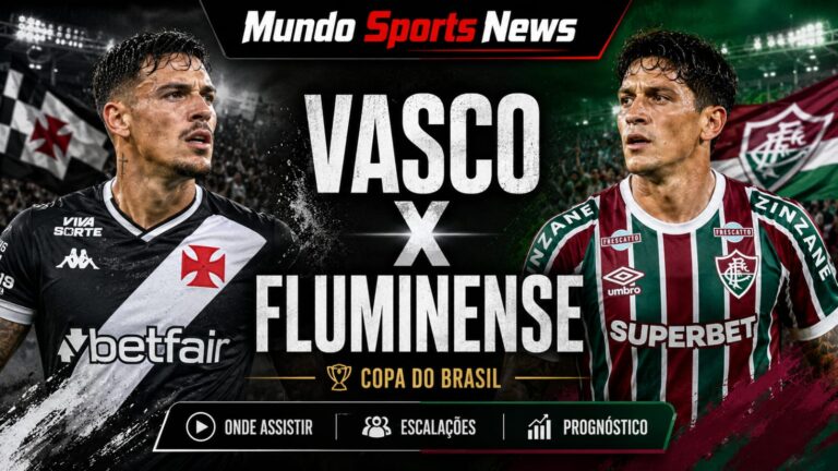 Arte de capa da partida entre Vasco e Fluminense pela Copa do Brasil, com um jogador de cada equipe em destaque e a logo da Mundo Sports News.