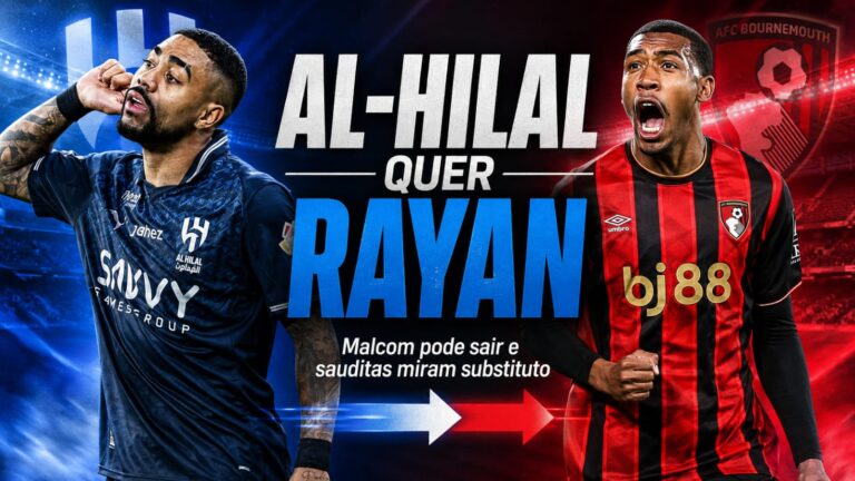 Montagem com Malcom pelo Al-Hilal e Rayan pelo Bournemouth em notícia sobre o interesse do clube saudita no jovem brasileiro.