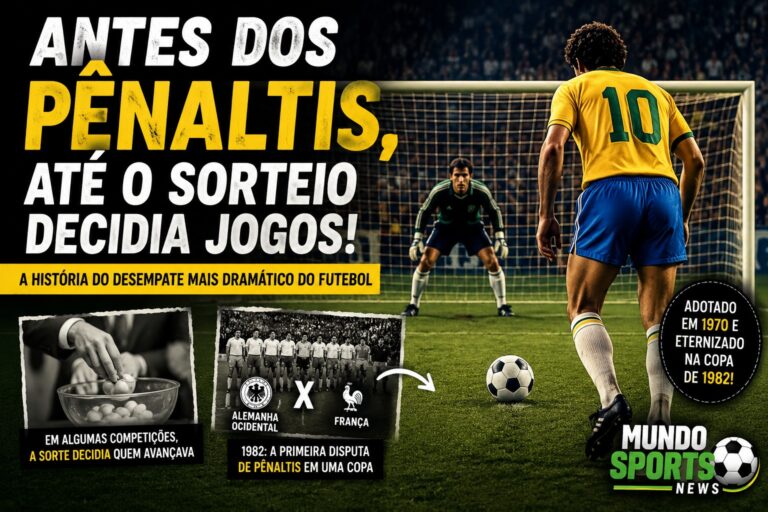 Jogador se prepara para cobrar pênalti diante do goleiro em referência à história das disputas de pênaltis no futebol.